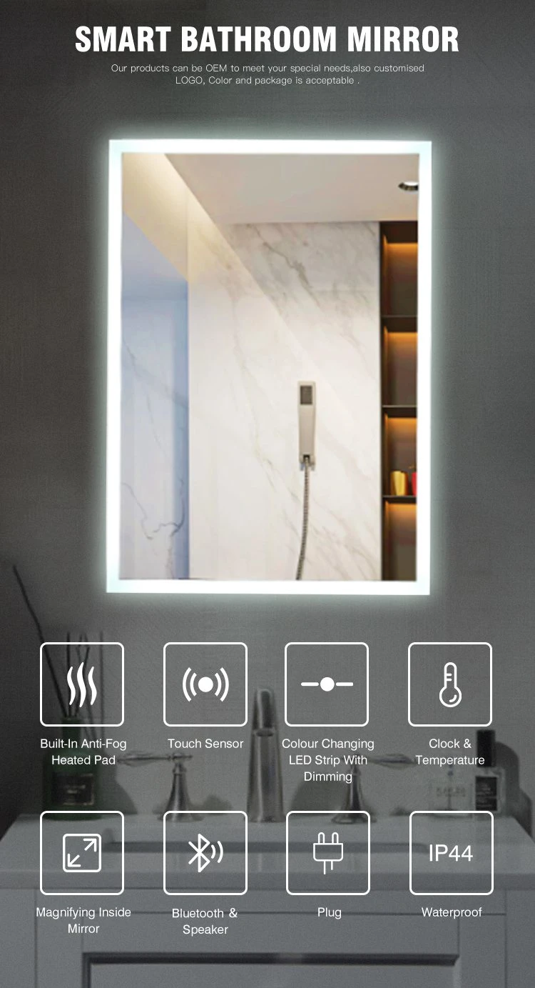 Round Square Acrylic Solid Surface Frame Hotel Bathroom LED Lighted Mirror